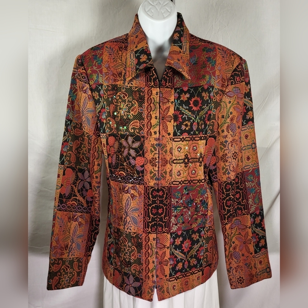 Vintage ELLEN FIGG Rust Floral Midweight Embellished Tapestry Coat - Size L
